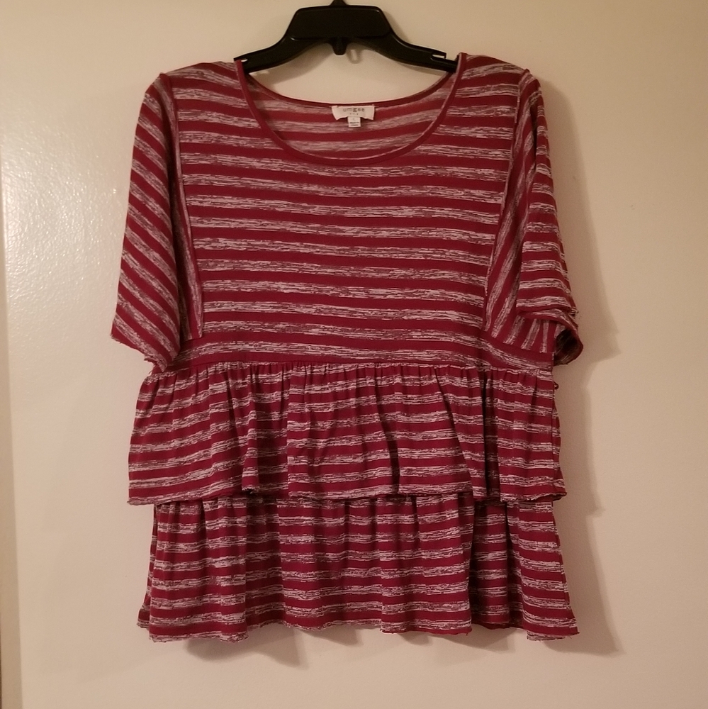 Umgee Heather Gray and Red Striped Ruffle Top